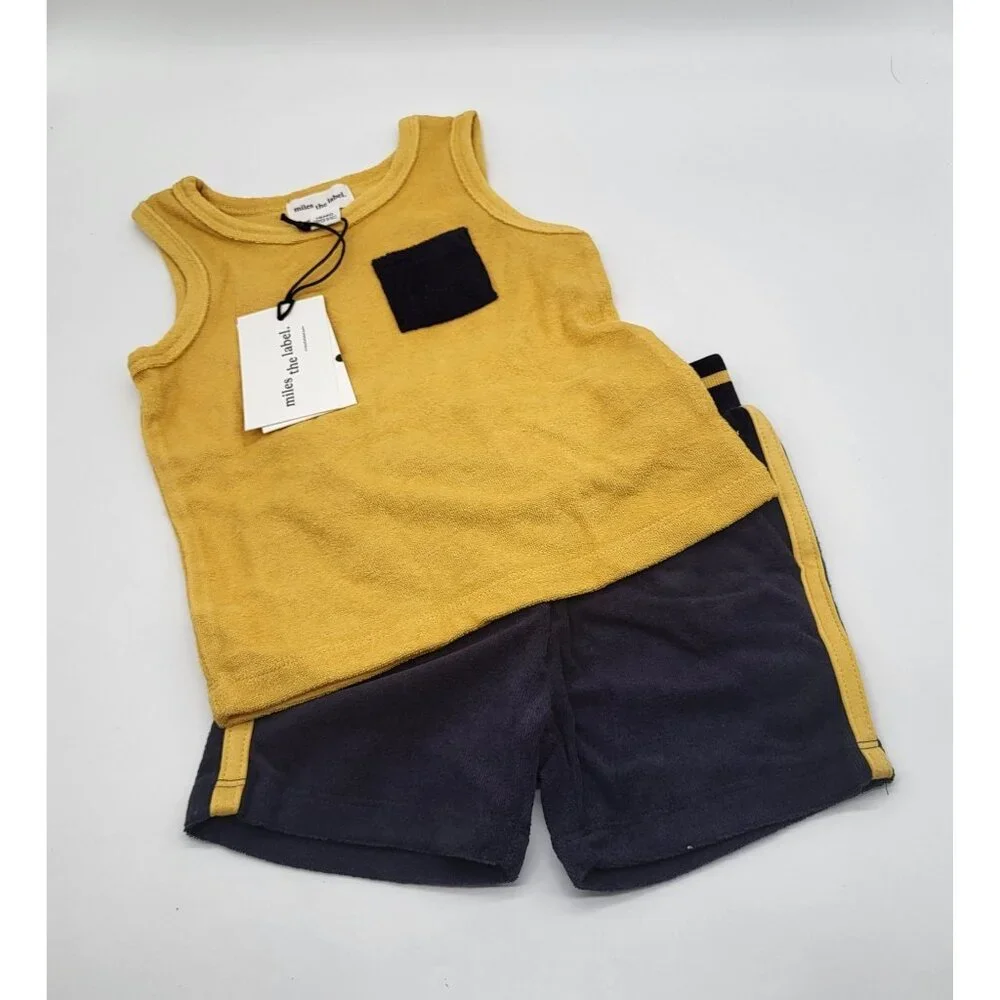 MILES THE LABEL Baby Terry Tank Top and Shorts Outfit Yellow Blue NWT - Picture 1 of 8